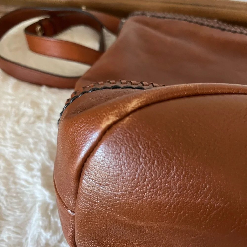 Cole Haan Brown Premium Leather Bucket Bag with Stitching Detail